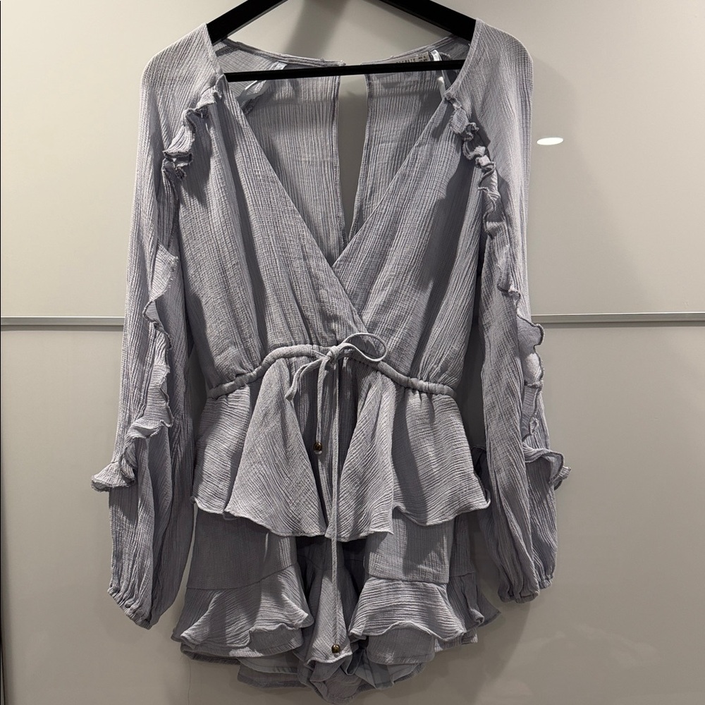 SAINTS + SECRETS Light Blue/ Gray Ruffle Romper with Tie Waist